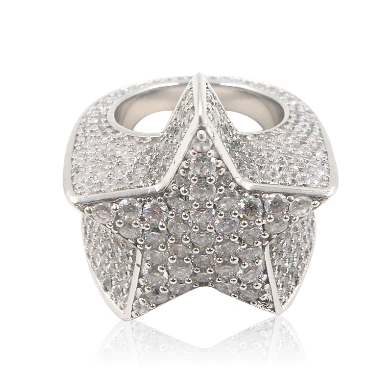 Hip hop silver plated chunky star shape iced out clear rhinestone ring