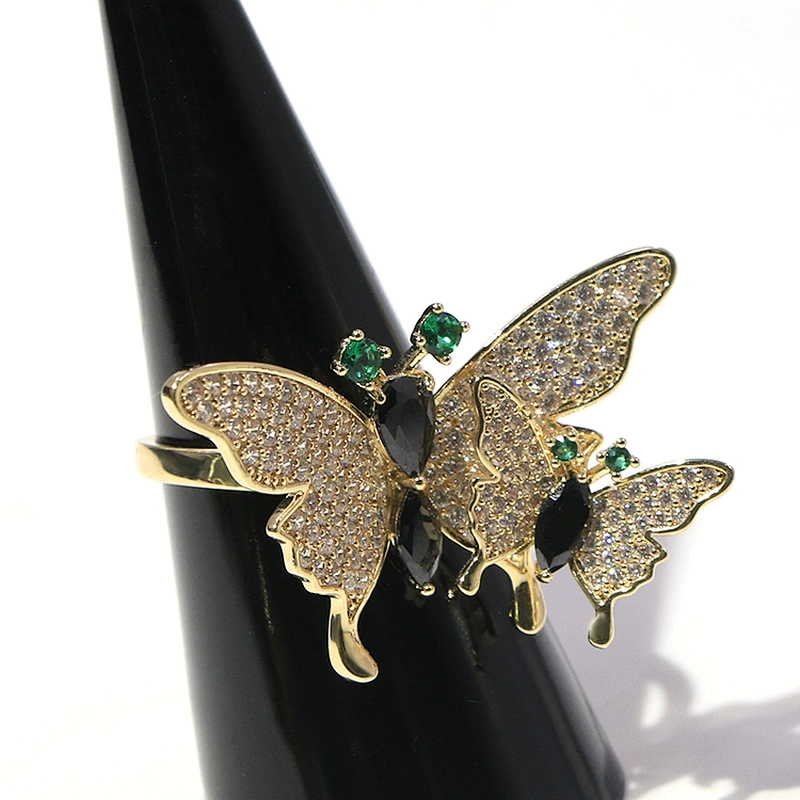Adjustable brass gold plating white zircon green black drop crystal butterfly ring