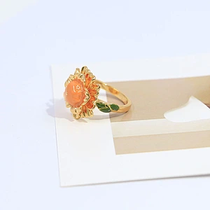 Trendy gold plated customized color orange enamel flower ring jewelry