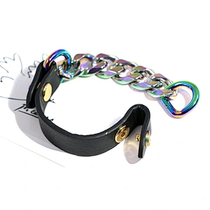 Hip hop jewelry multi color platinig stainless steel cuban link leather bracelet