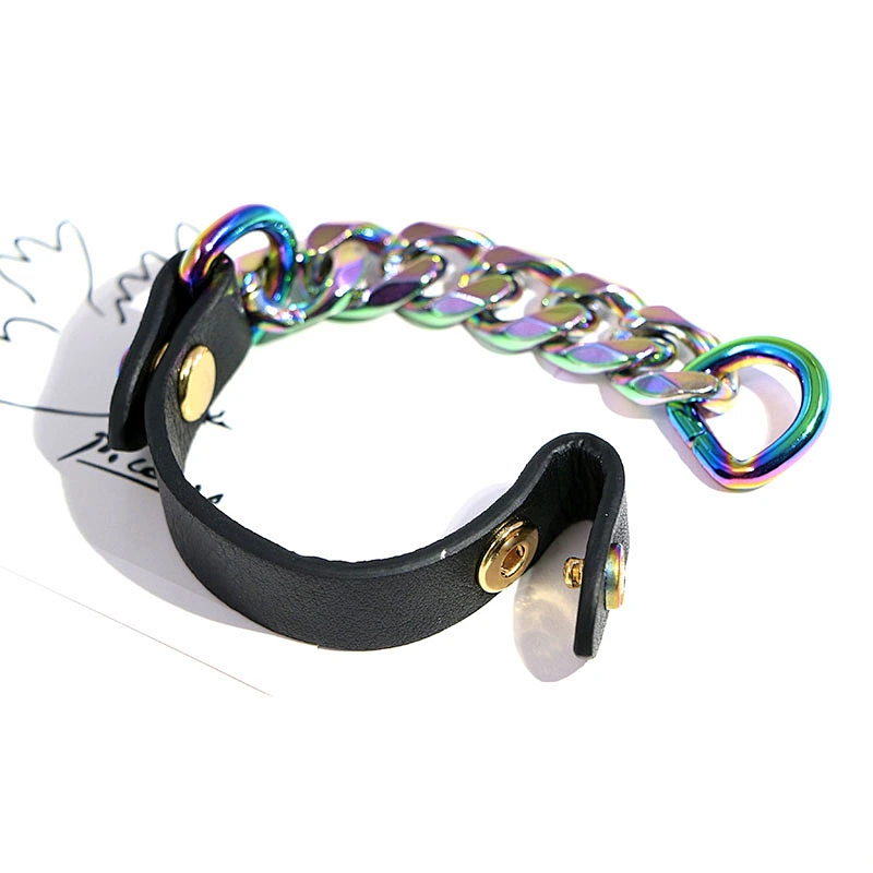 Hip hop jewelry multi color platinig stainless steel cuban link leather bracelet