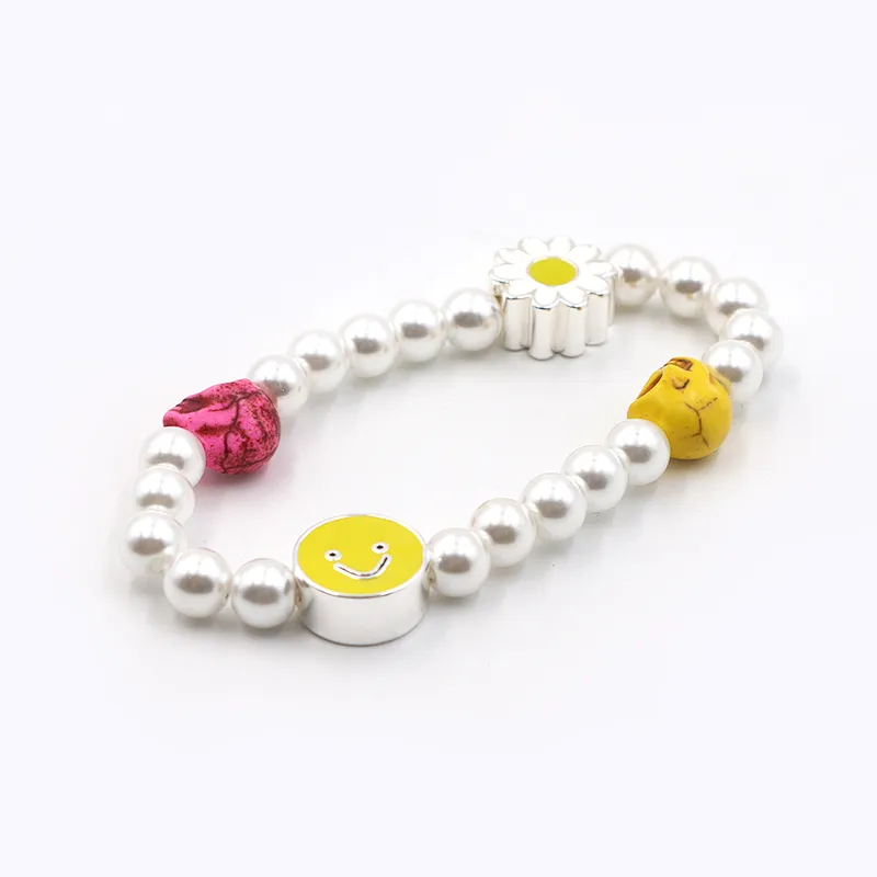 Fashion pearl enamel smile face flower skull cute charm bracelet for girl