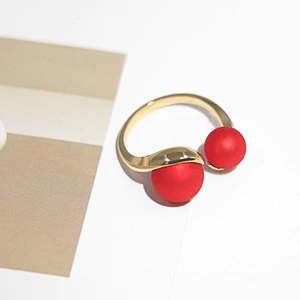 Luxury style Double red pearl gold plated brass women open ring jewelry adjustable size