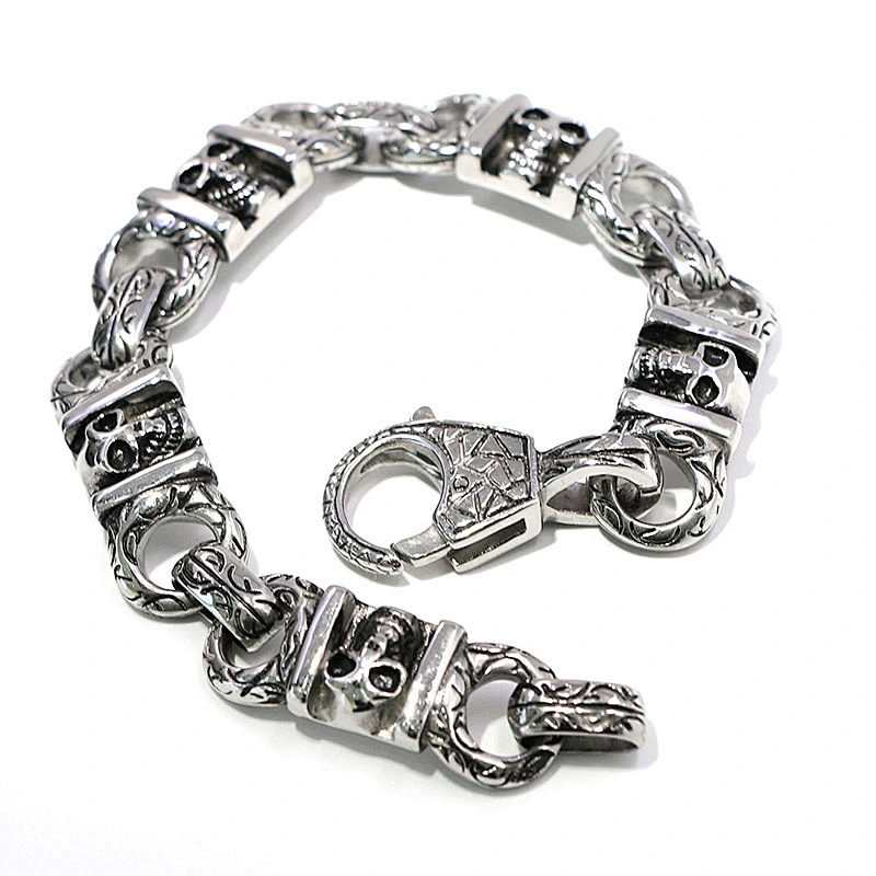 Black enamel stainless steel silver plated skull jewellery bracelet for men