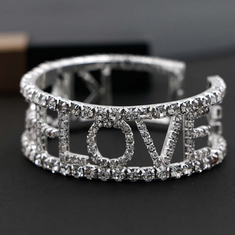 Fashion silver plating clear rhinestones LOVE women open bracelet