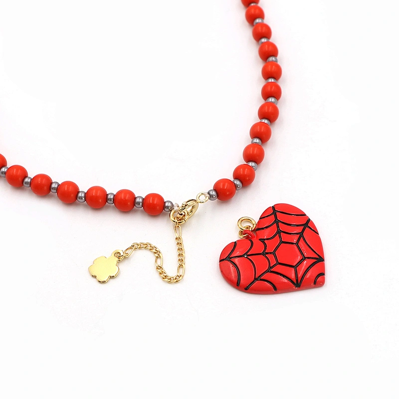Fashion Spider Web Red Heart Pendant Bead Chain Necklace