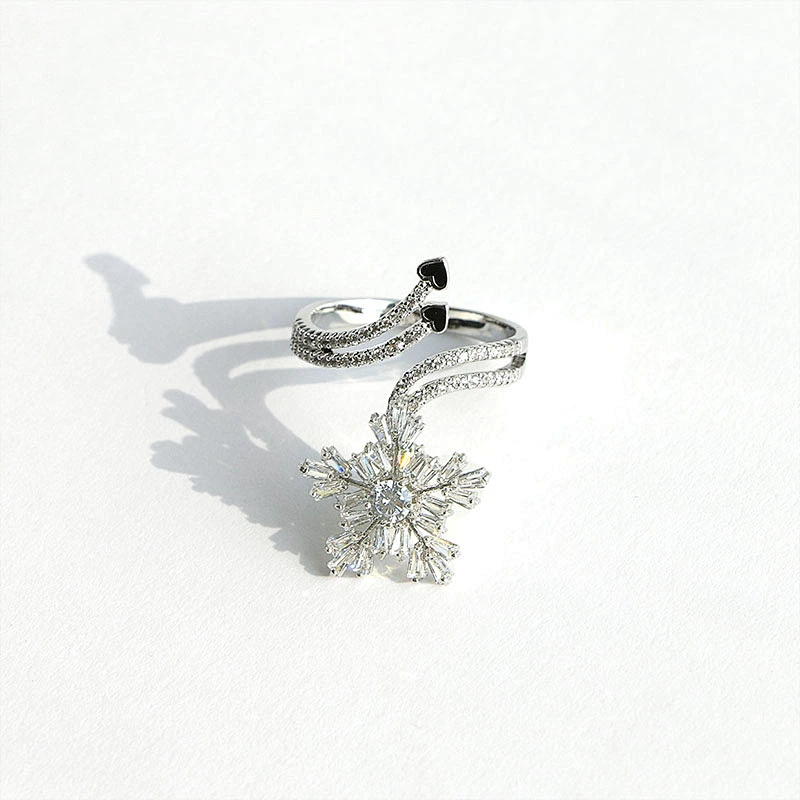 Fashion rotatable anxiety clear zircon snowflake silver plated open ring women jewelry