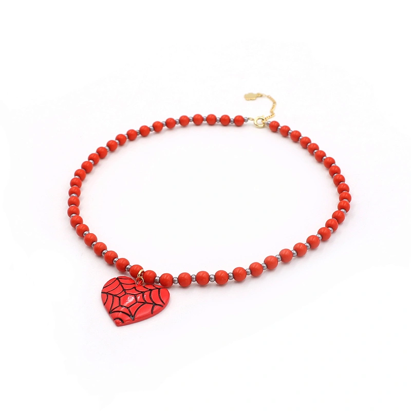 Fashion Spider Web Red Heart Pendant Bead Chain Necklace