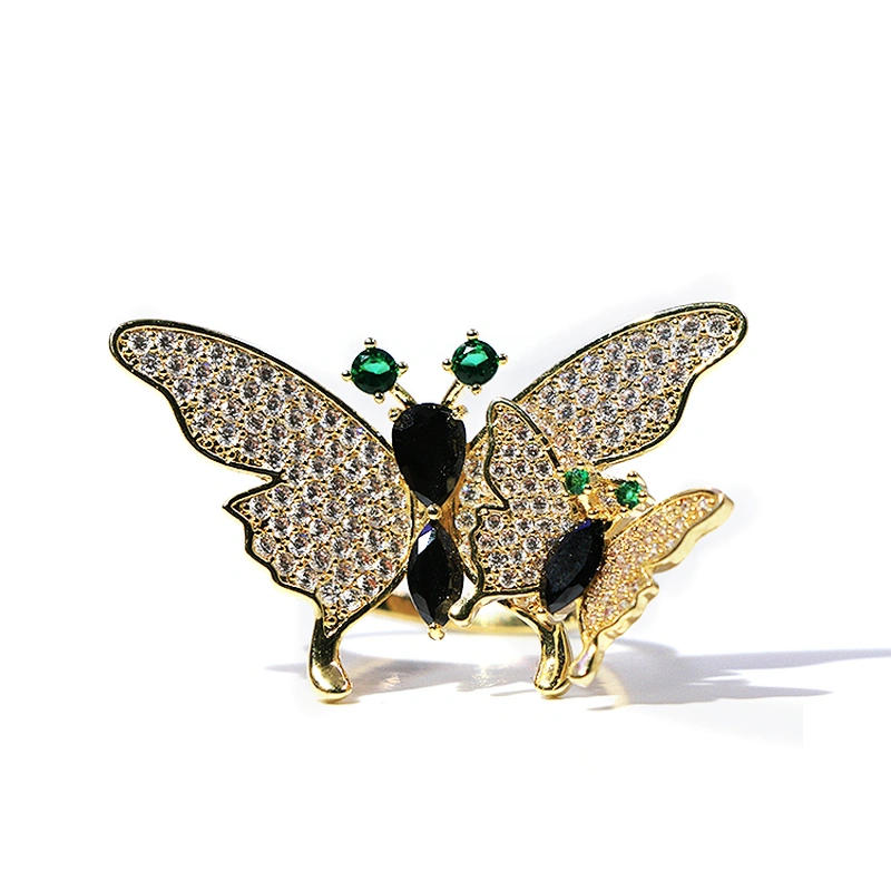 Adjustable brass gold plating white zircon green black drop crystal butterfly ring