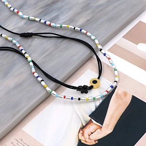 Multilayer Pearl Bead Black Cord Chain