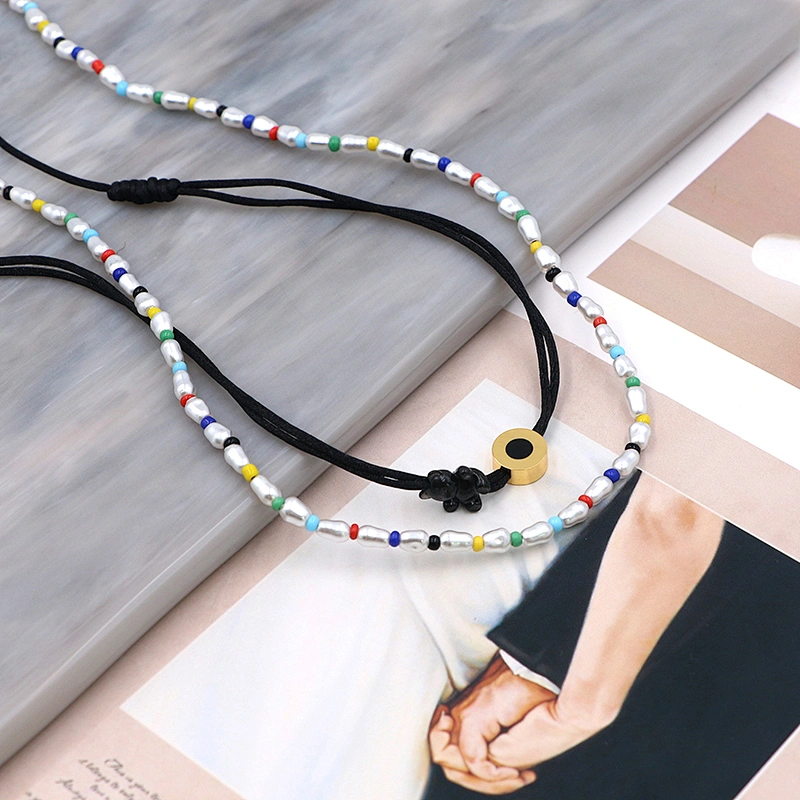 Multilayer Pearl Bead Black Cord Chain