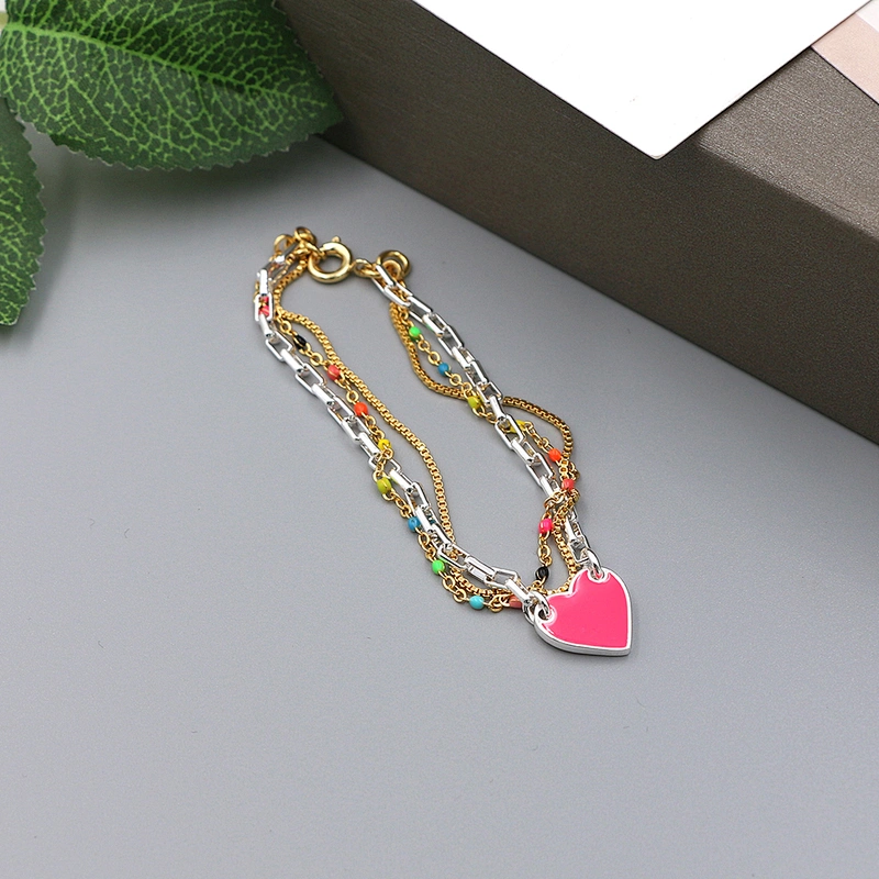 Fashion pink heart enamel pendant multi chain bracelet