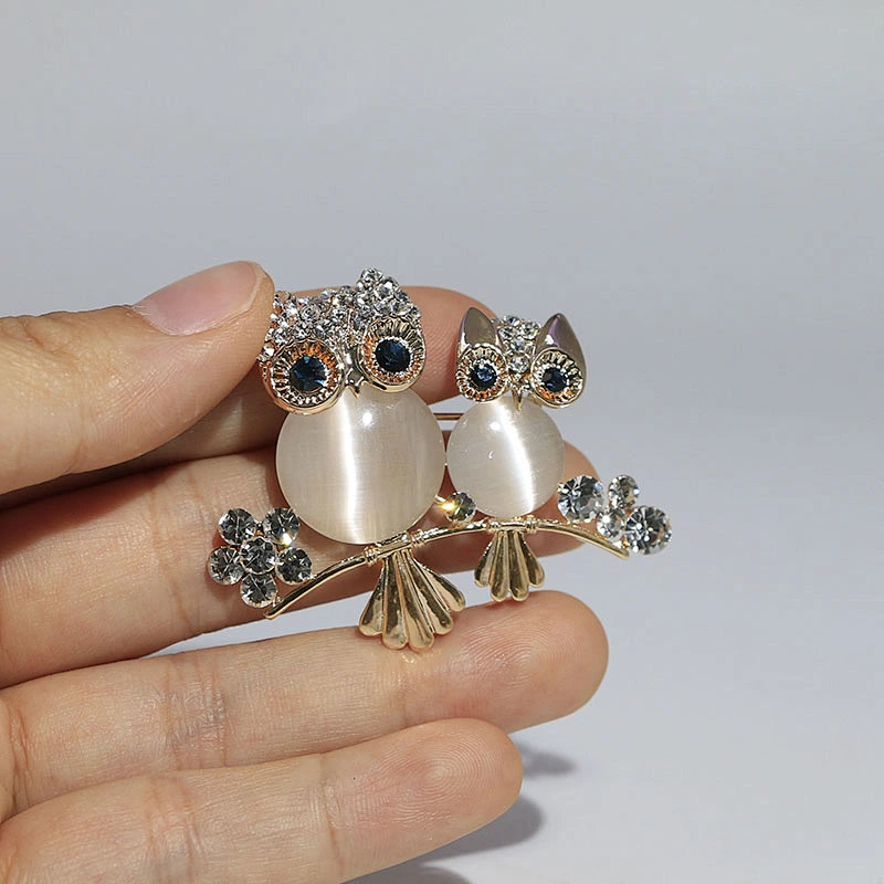 Delicate Owl Gold Plated Brass Brooch with Opal