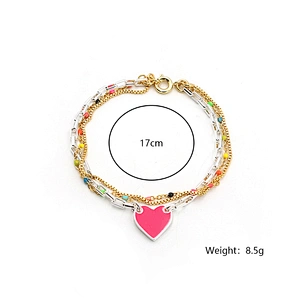 Fashion pink heart enamel pendant multi chain bracelet