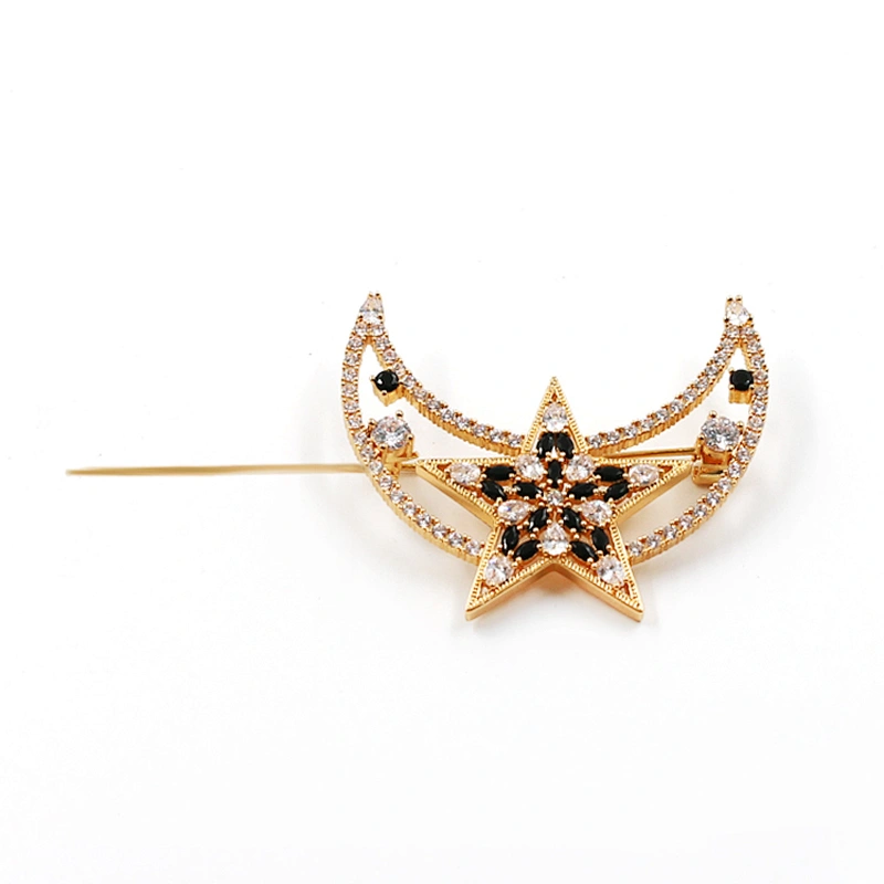 Custom Moon Star Gold Plated Brooch With CZ stones in Brass