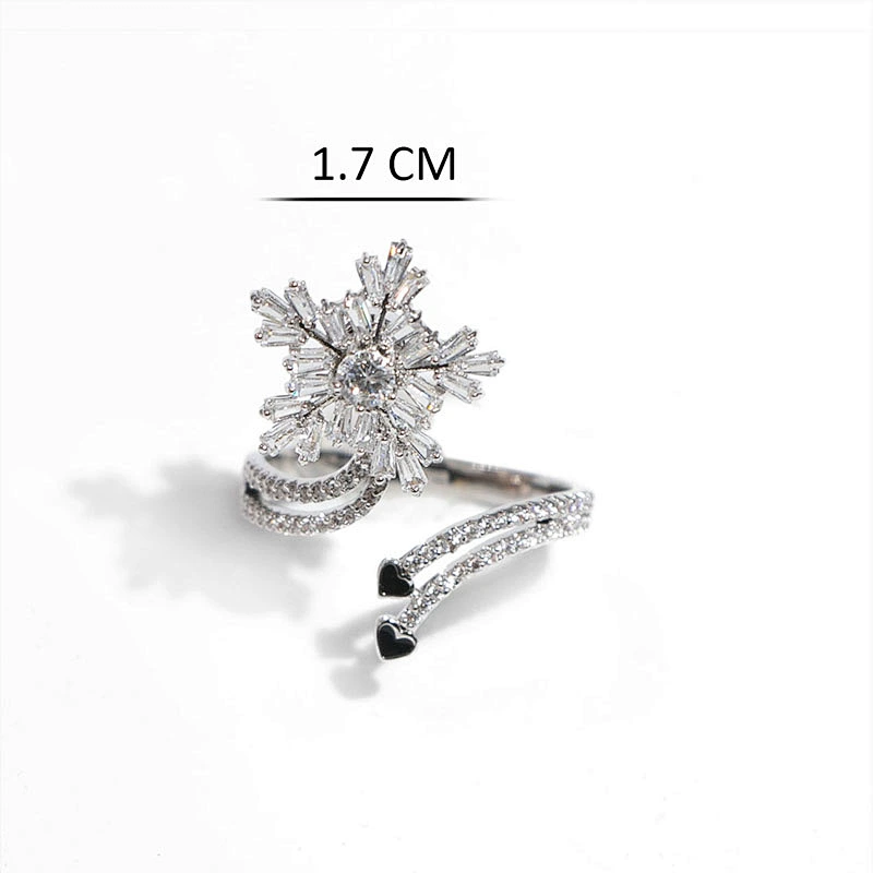 Fashion rotatable anxiety clear zircon snowflake silver plated open ring women jewelry