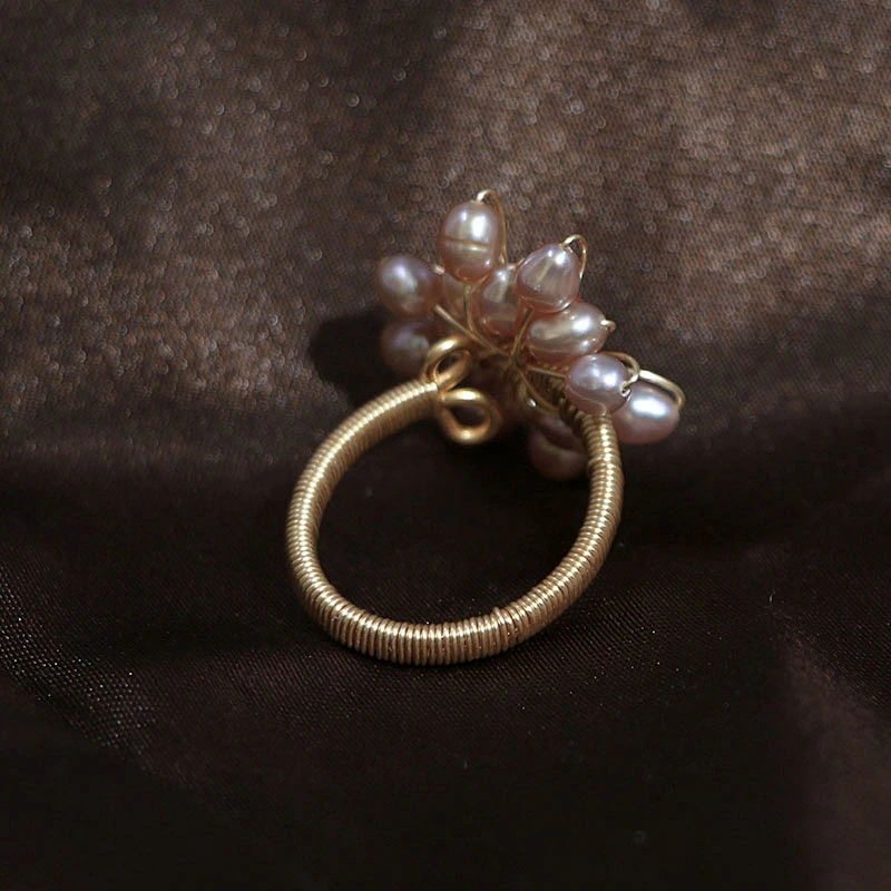 Handmade statement luxury jewelry adjustable gold plated pink beaded flower ring