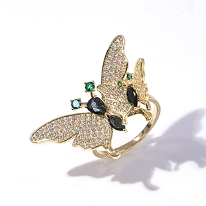 Adjustable brass gold plating white zircon green black drop crystal butterfly ring