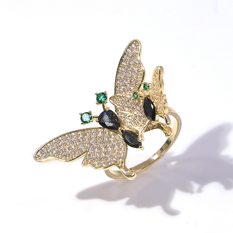 Adjustable brass gold plating white zircon green black drop crystal butterfly ring
