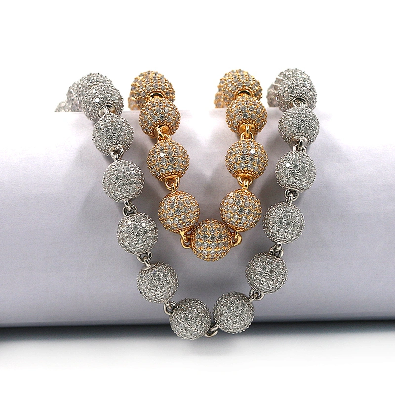 Hip-Hop Style High-Quality CZ Brass 10mm Real Gold Plated Bead Necklace