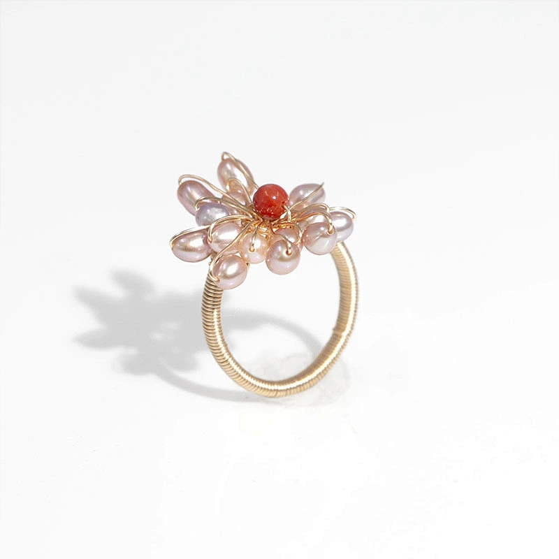 Handmade statement luxury jewelry adjustable gold plated pink beaded flower ring