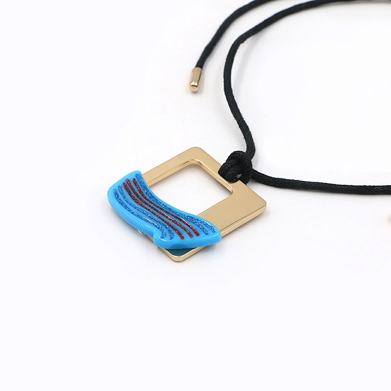 Hollow-Out Recangle Blue Ripple Black Cord Necklace