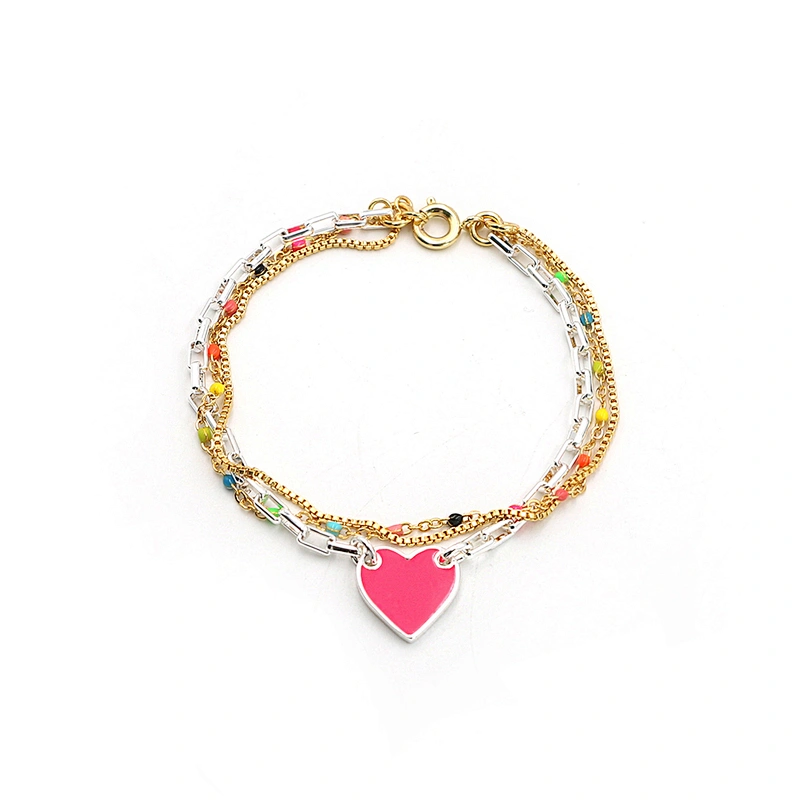 Fashion pink heart enamel pendant multi chain bracelet