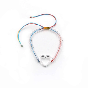 Adjustable size silver plated heart brass pendant clear beaded two-tone rope bracelet