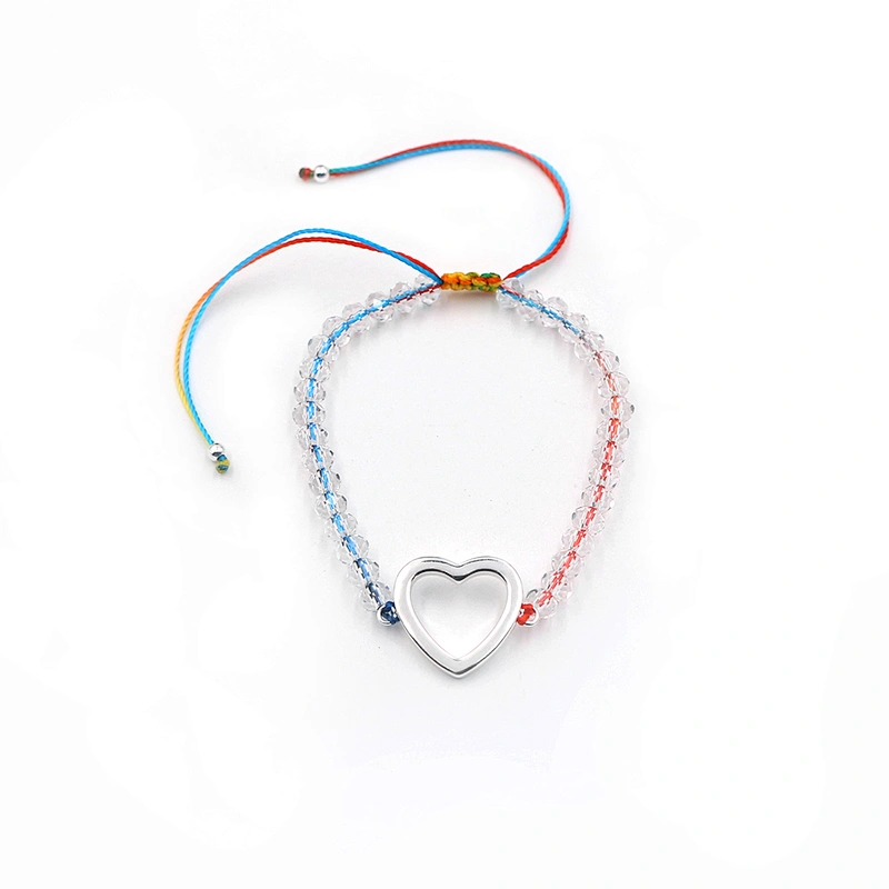 Adjustable size silver plated heart brass pendant clear beaded two-tone rope bracelet