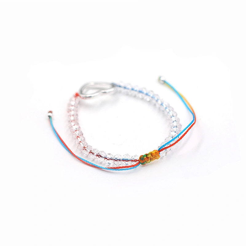 Adjustable size silver plated heart brass pendant clear beaded two-tone rope bracelet