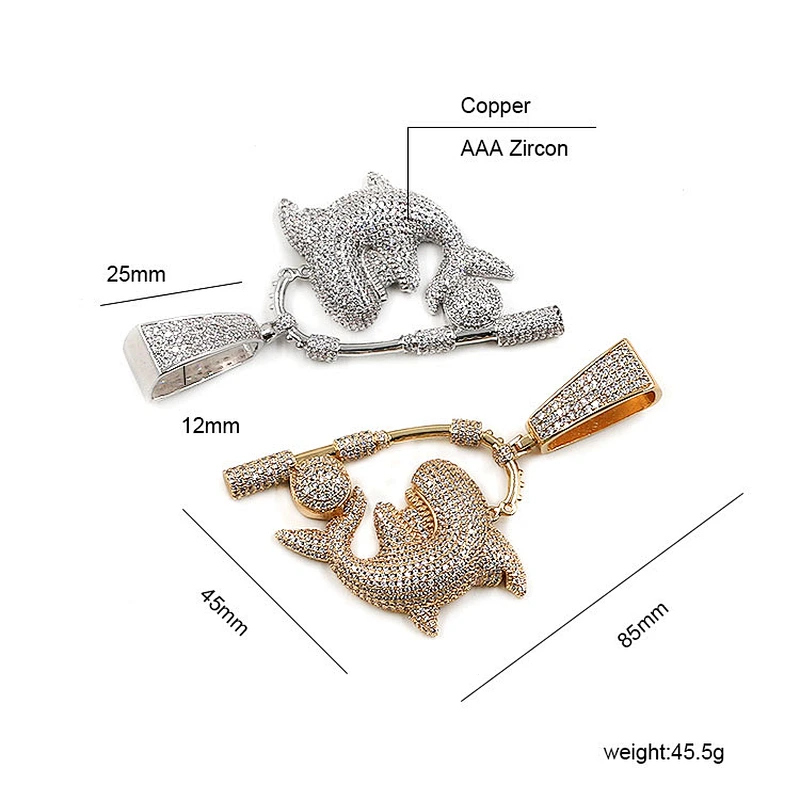Hip hop streetwear high quality ice out zirconia shark pendant