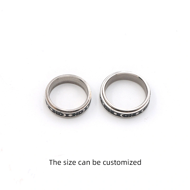 Fashion jewelry sun moon star silver plated black enamel stainless steel men anxiety ring