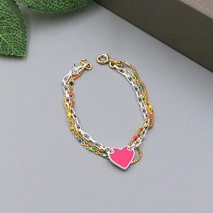 Fashion pink heart enamel pendant multi chain bracelet