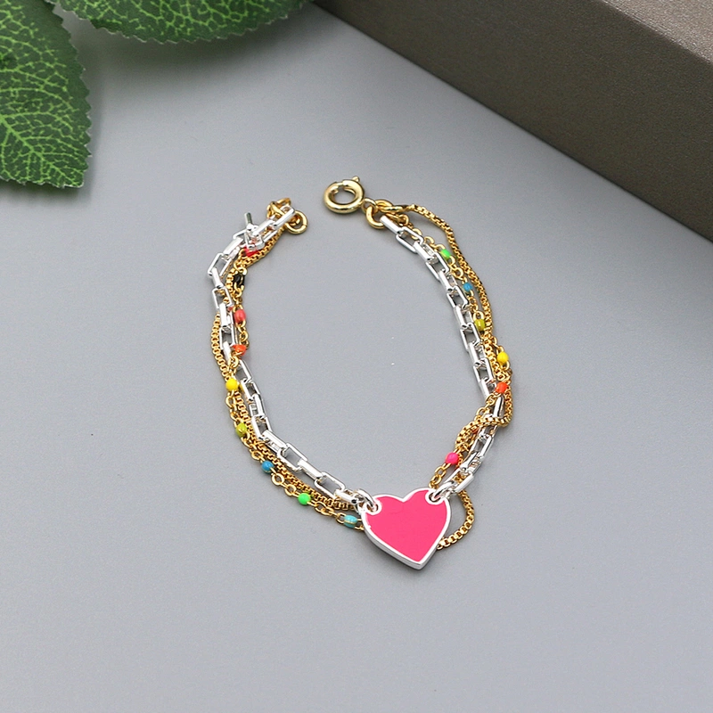 Fashion pink heart enamel pendant multi chain bracelet