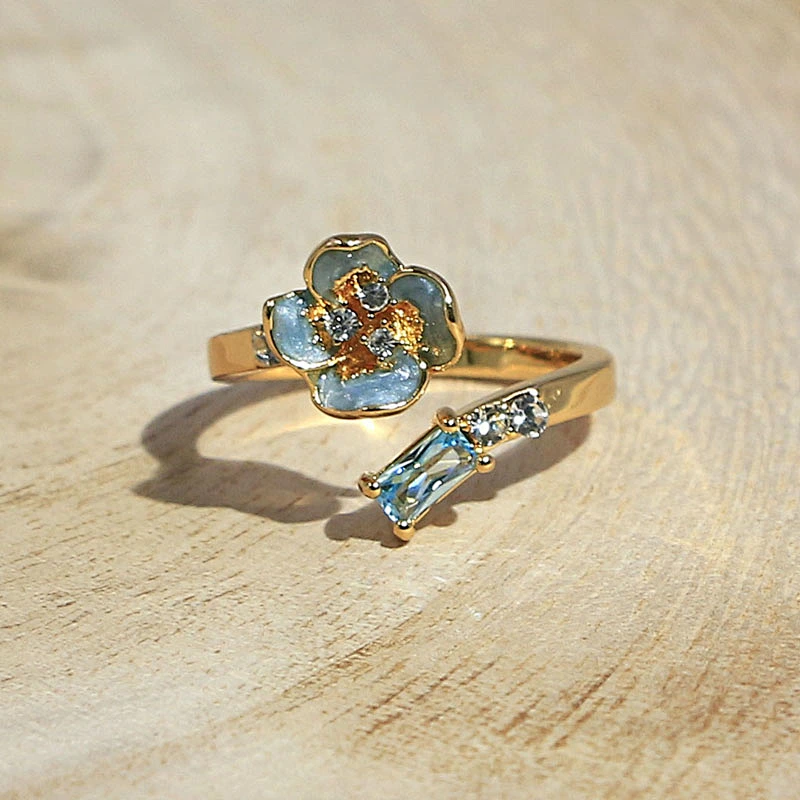 Dainty jewelry gold plated green zircon rhinestones flower enamel open adjustable ring