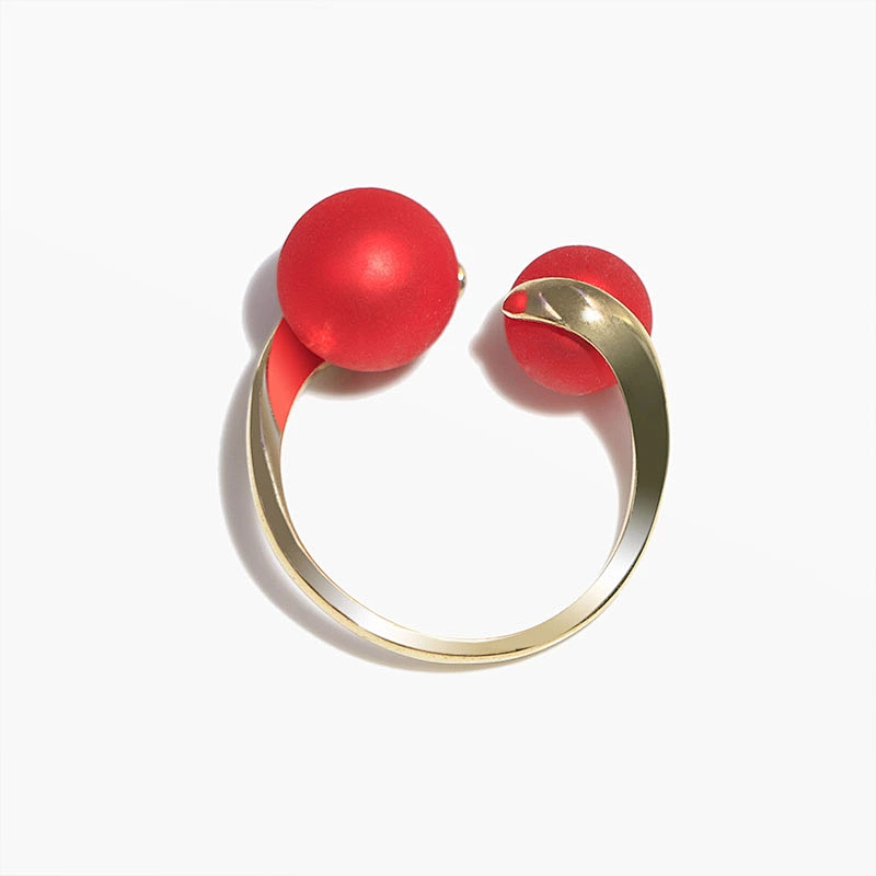 Luxury style Double red pearl gold plated brass women open ring jewelry adjustable size