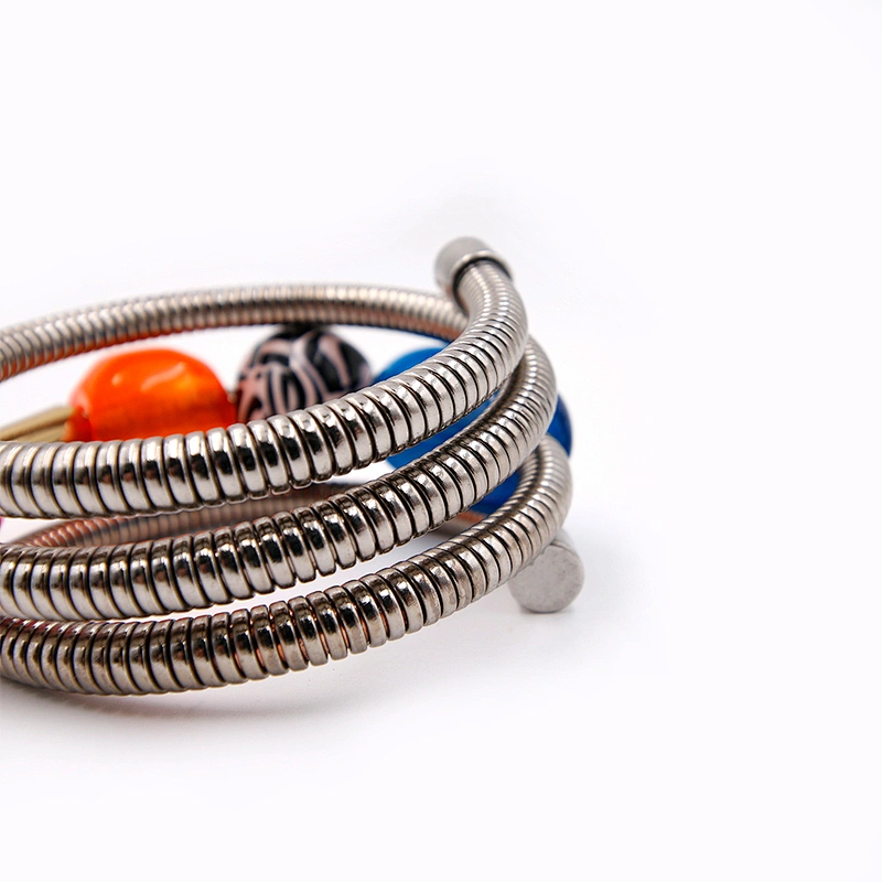 Trendy multi layer colorful resin stones silver snake spring chain bracelet