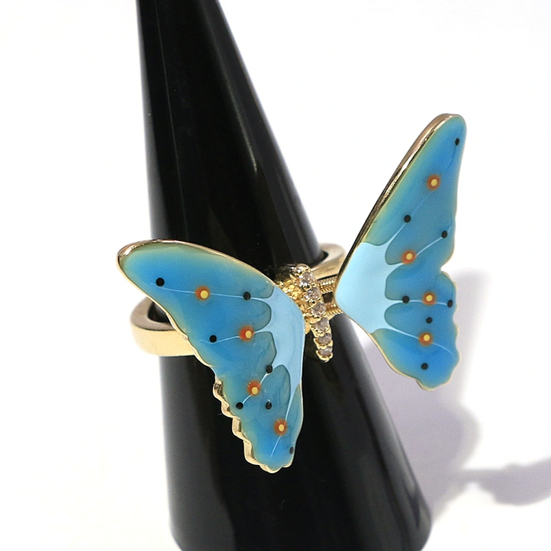 Enamel jewelry jumping butterfly white zircon adjustable gold plated ring