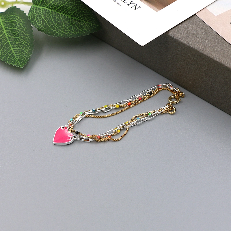 Fashion pink heart enamel pendant multi chain bracelet