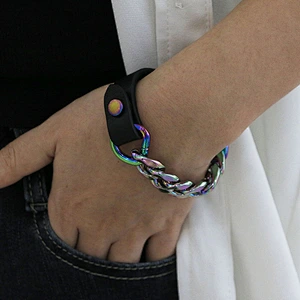 Hip hop jewelry multi color platinig stainless steel cuban link leather bracelet