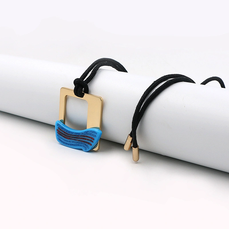 Hollow-Out Recangle Blue Ripple Black Cord Necklace