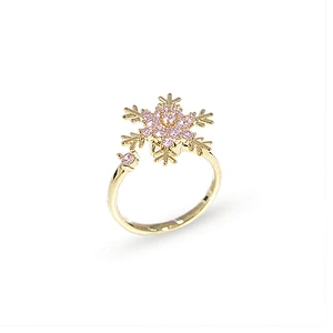 Gold Plated Pink Rhinestone Statement Snowflake Women Adjustable Anxiety Ring
