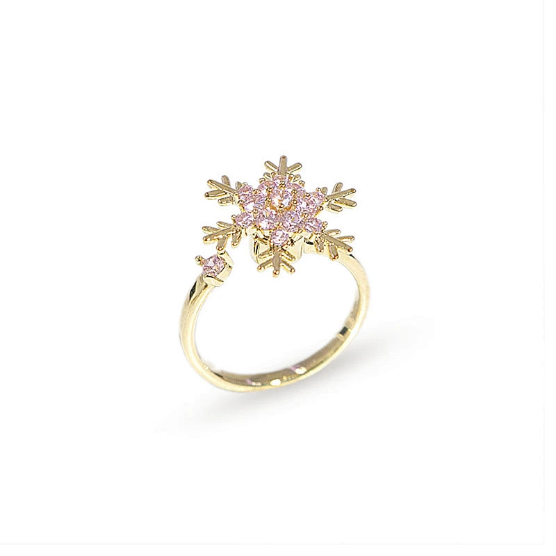 Gold Plated Pink Rhinestone Statement Snowflake Women Adjustable Anxiety Ring