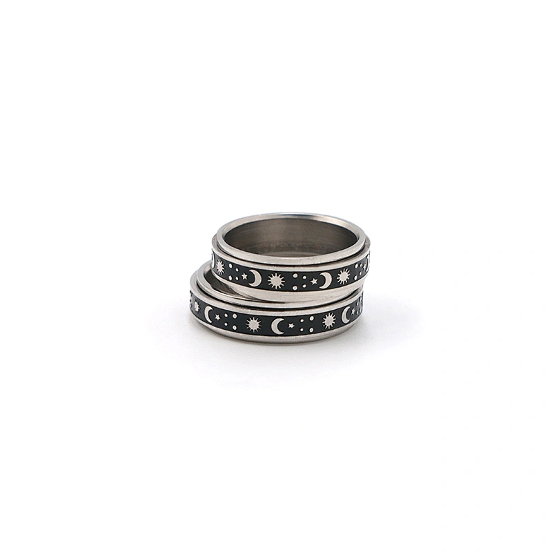 Fashion jewelry sun moon star silver plated black enamel stainless steel men anxiety ring