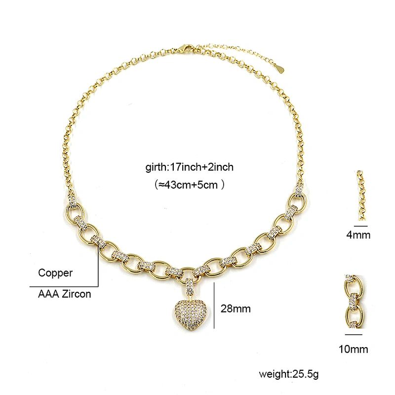 HipHop Style Gold Plated CZ Heart Brass Cuban Necklace