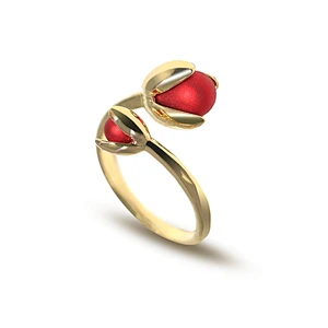 Fashion style brass gold plated flower red bud open ring women jewelry