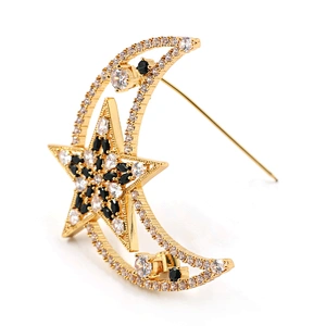 Custom Moon Star Gold Plated Brooch With CZ stones in Brass