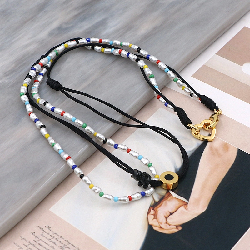 Multilayer Pearl Bead Black Cord Chain