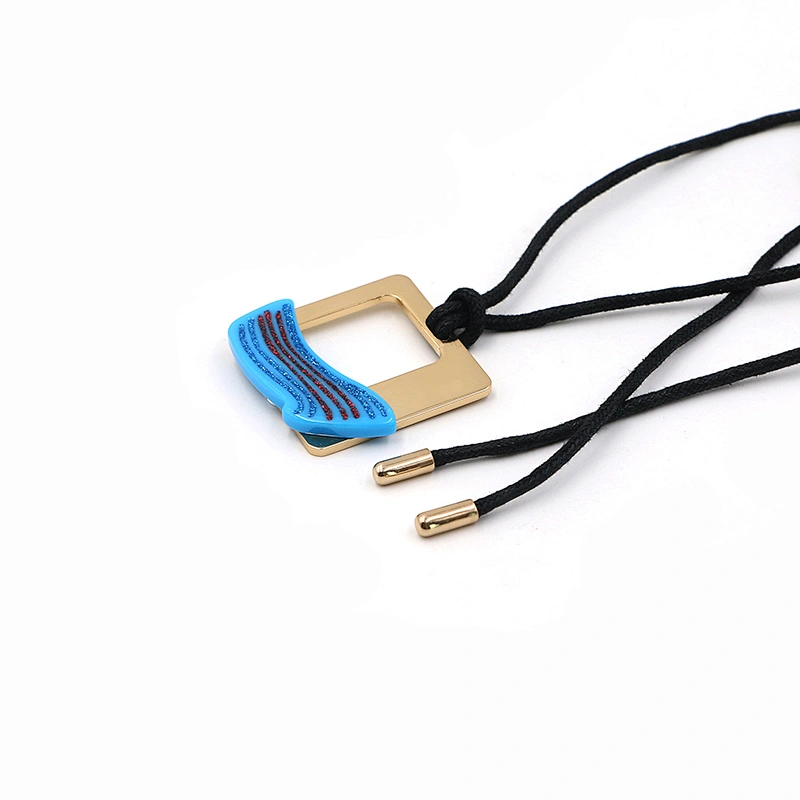 Hollow-Out Recangle Blue Ripple Black Cord Necklace