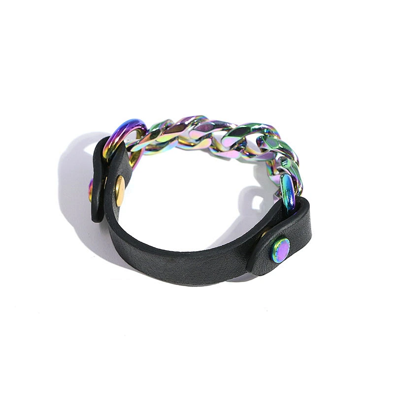 Hip hop jewelry multi color platinig stainless steel cuban link leather bracelet